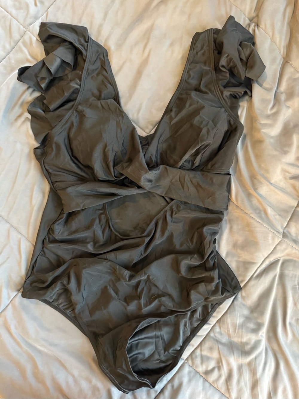 Ruffle-Shoulder One-Piece Swimsuit in Black